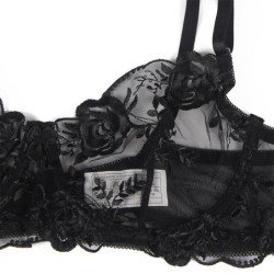 SUBBLIME - CONJUNTO DE 3 PIEZAS SUJETADOR + TANGA + LIGUERO ESTAMPADO FLORAL NEGRO TALLA S/M