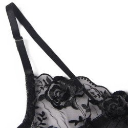 SUBBLIME - CONJUNTO DE 3 PIEZAS SUJETADOR + TANGA + LIGUERO ESTAMPADO FLORAL NEGRO TALLA S/M